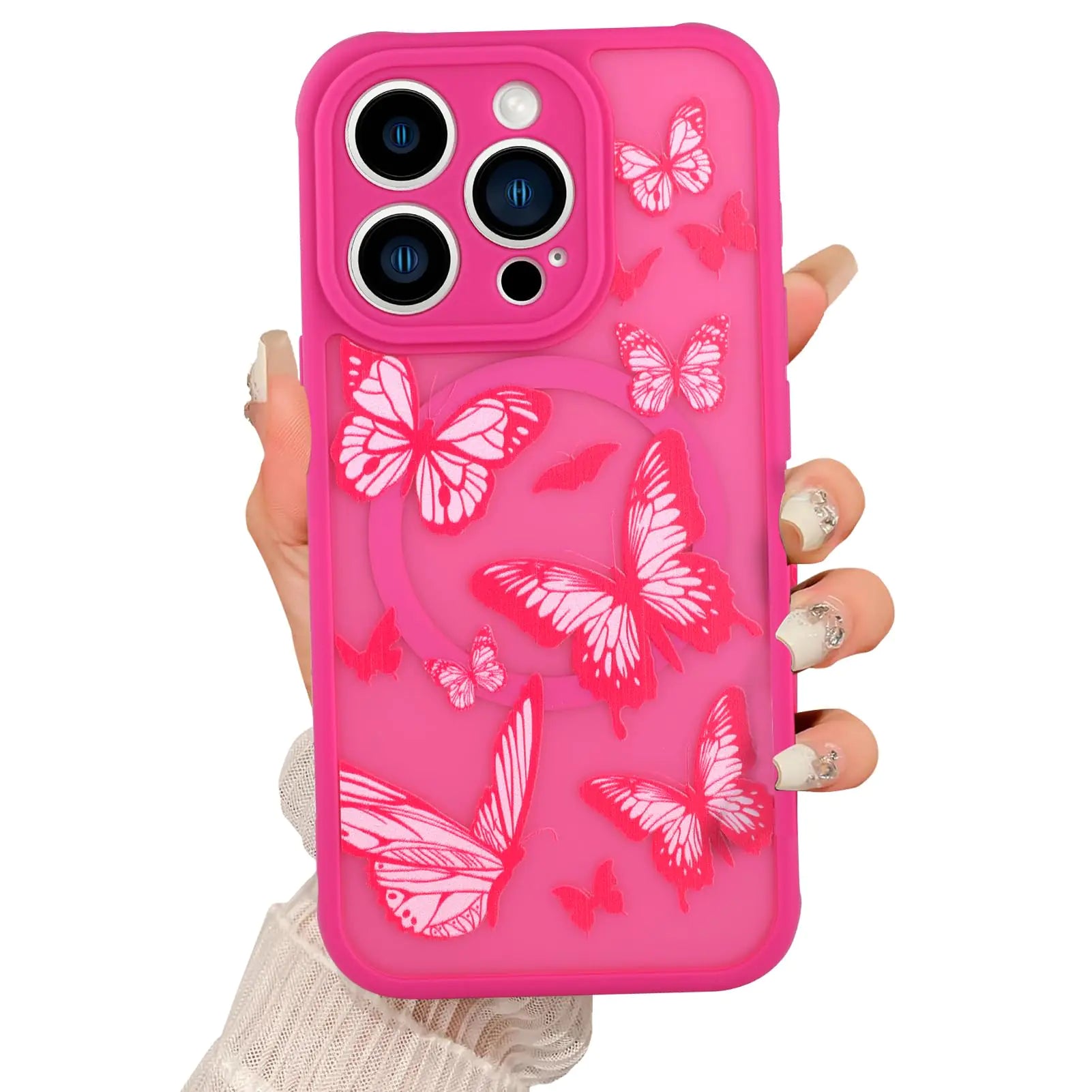 Magnetic for iPhone 15 Pro Max Case [Compatible with MagSafe] Butterfly Print Pattern Design Slim Shockproof Translucent Matte Cover for Women Girls, Black