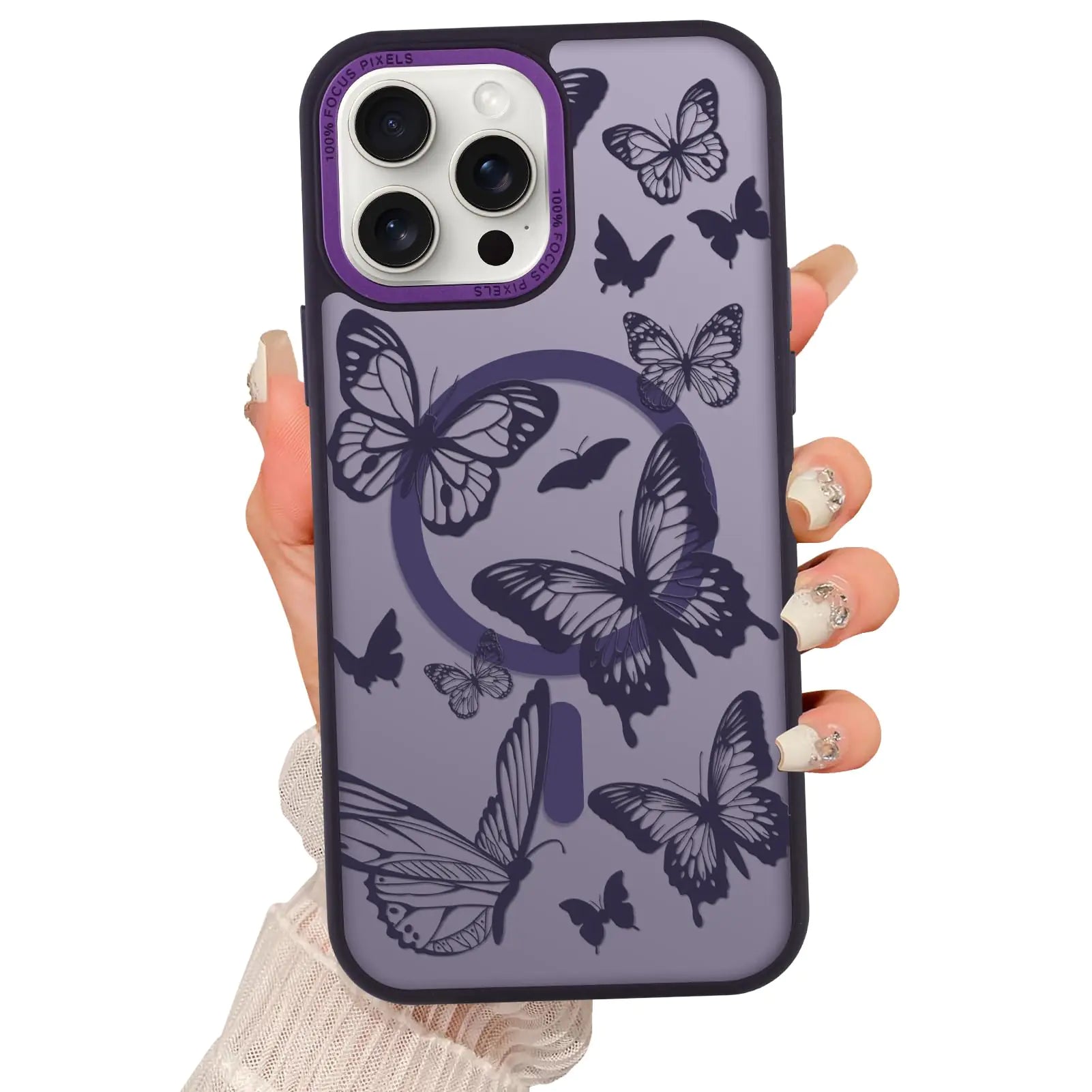 Magnetic for iPhone 15 Pro Max Case [Compatible with MagSafe] Butterfly Print Pattern Design Slim Shockproof Translucent Matte Cover for Women Girls, Black