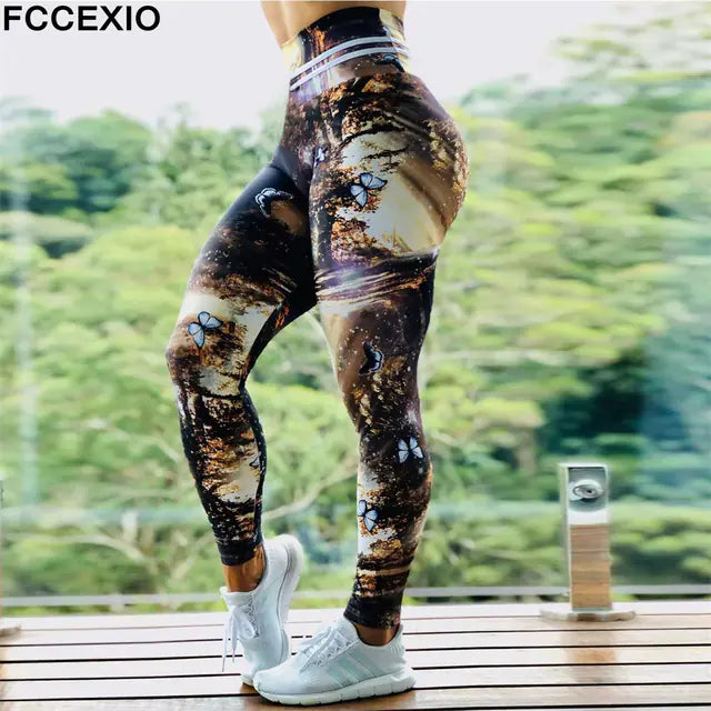 Gold Butterfly Print Stretch Fitness Leggings for Women