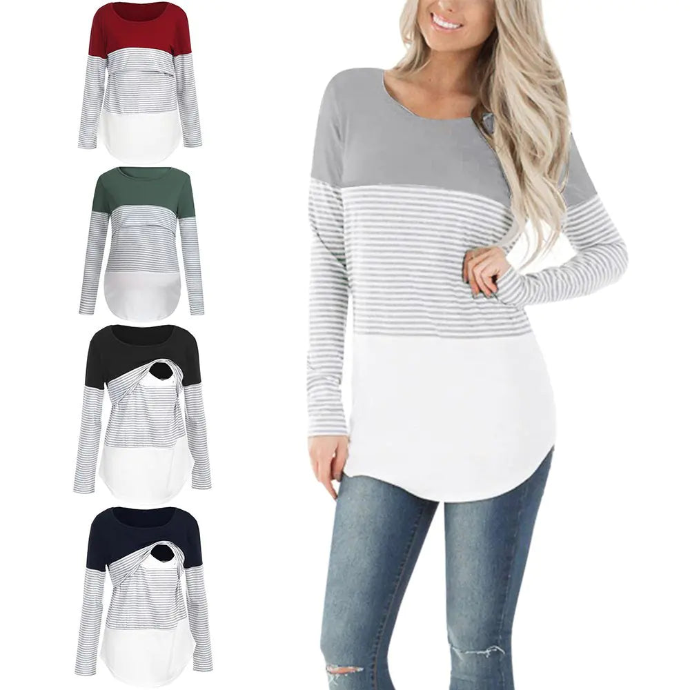 Striped Long Sleeve Maternity Nursing T-Shirt