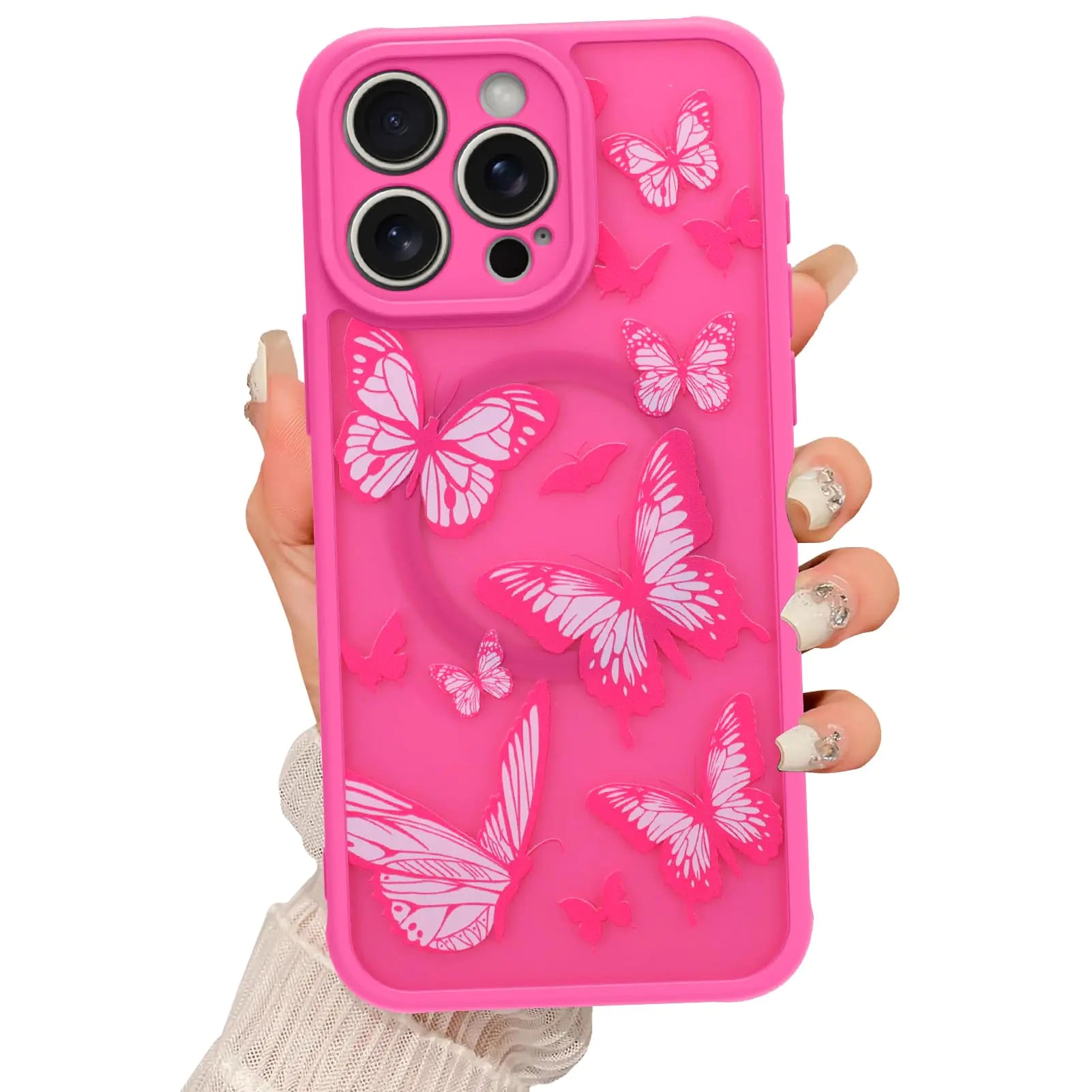 Magnetic for iPhone 15 Pro Max Case [Compatible with MagSafe] Butterfly Print Pattern Design Slim Shockproof Translucent Matte Cover for Women Girls, Black