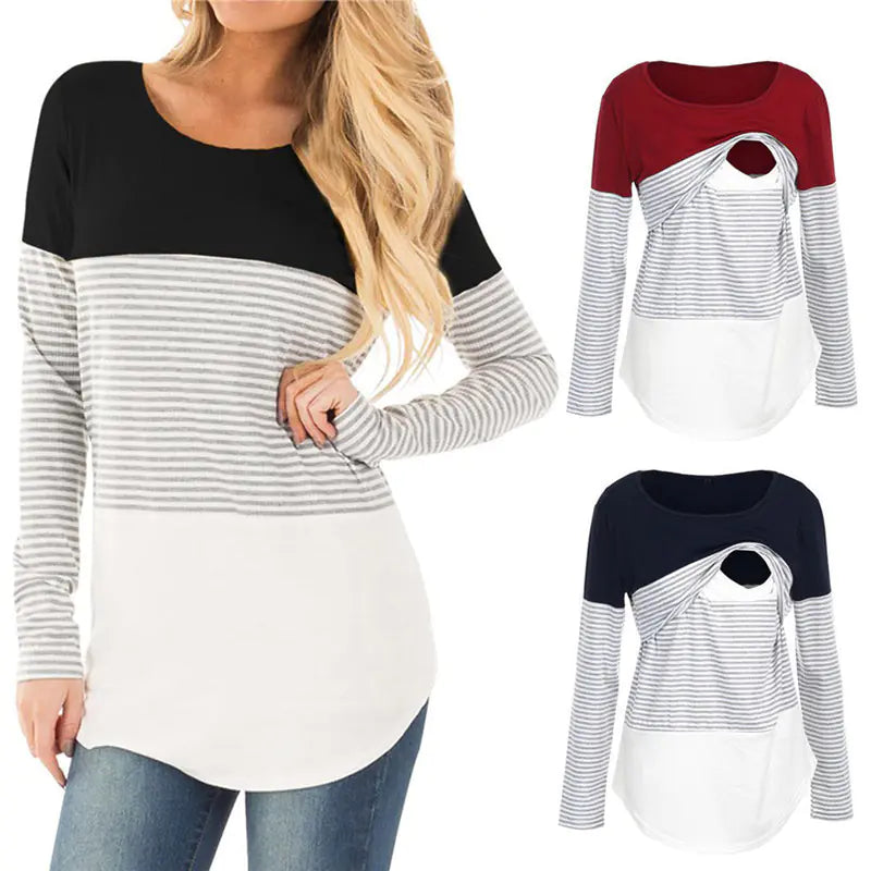 Striped Long Sleeve Maternity Nursing T-Shirt
