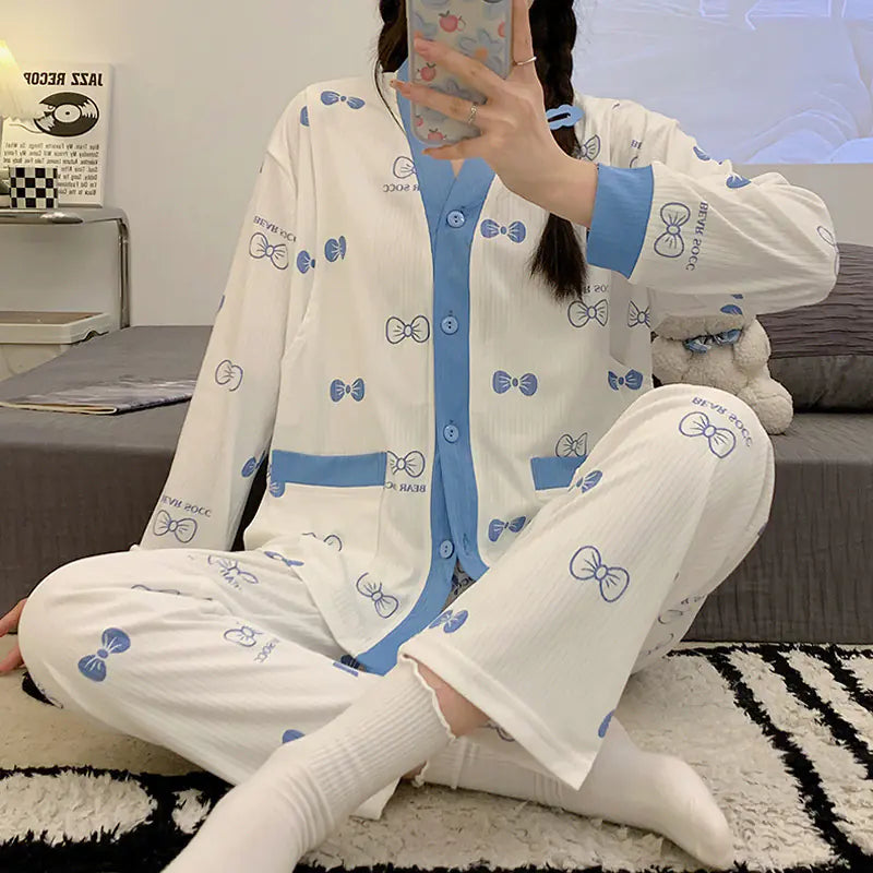 Postpartum Nursing Pajamas - V-Neck Blue Long Sleeve