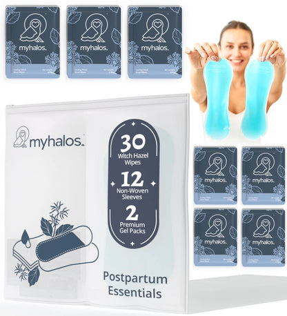 MyHalos 44 pcs- Witch Hazel Wipes &amp; Perineal Ice Packs for Postpartum Hemorrhoids &amp; C Section Ice Packs for Postpartum -30 Alcohol Free Witch Hazel for Postpartum Care &amp; Hemorrhoids Cold Postpartum
