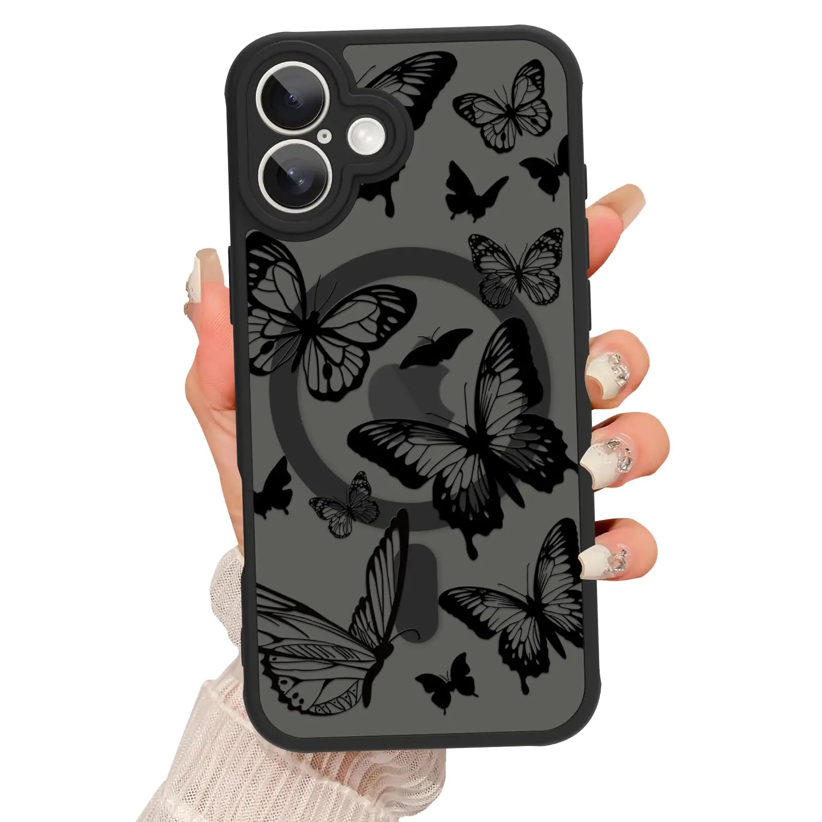 Magnetic for iPhone 15 Pro Max Case [Compatible with MagSafe] Butterfly Print Pattern Design Slim Shockproof Translucent Matte Cover for Women Girls, Black