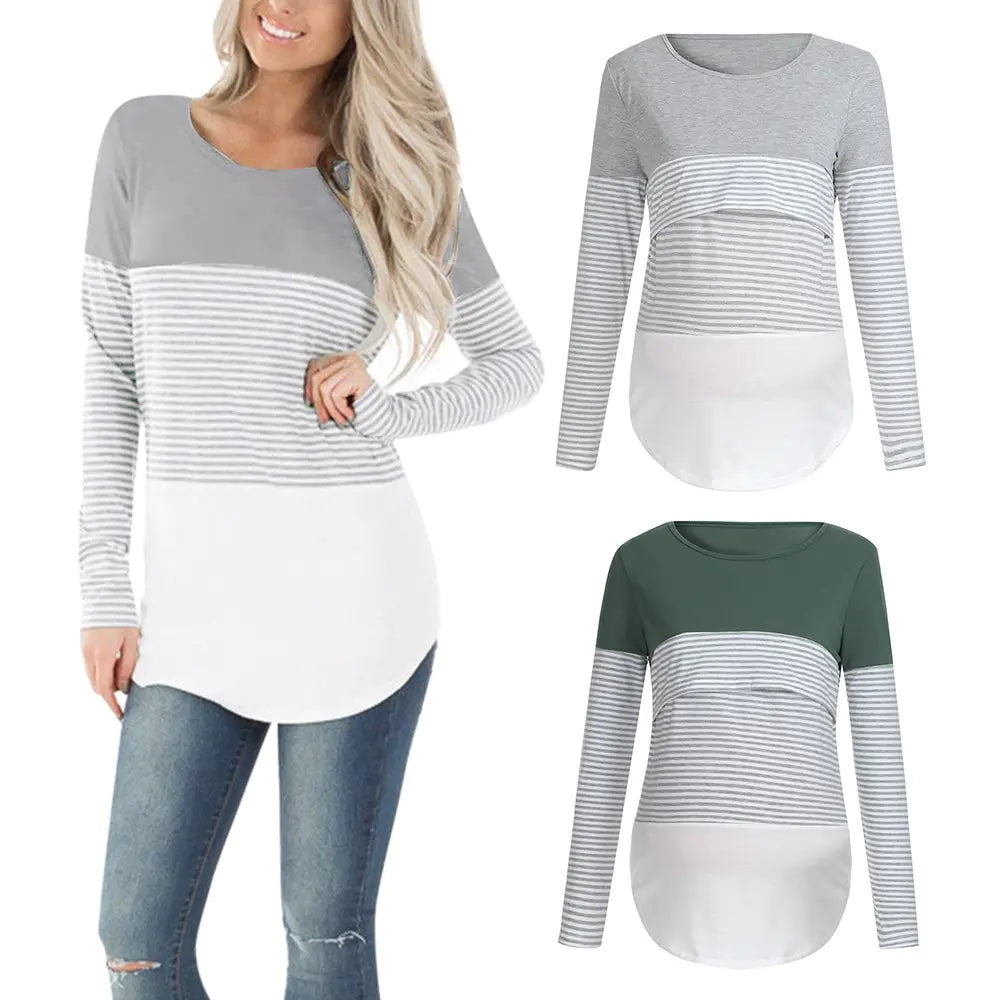 Striped Long Sleeve Maternity Nursing T-Shirt