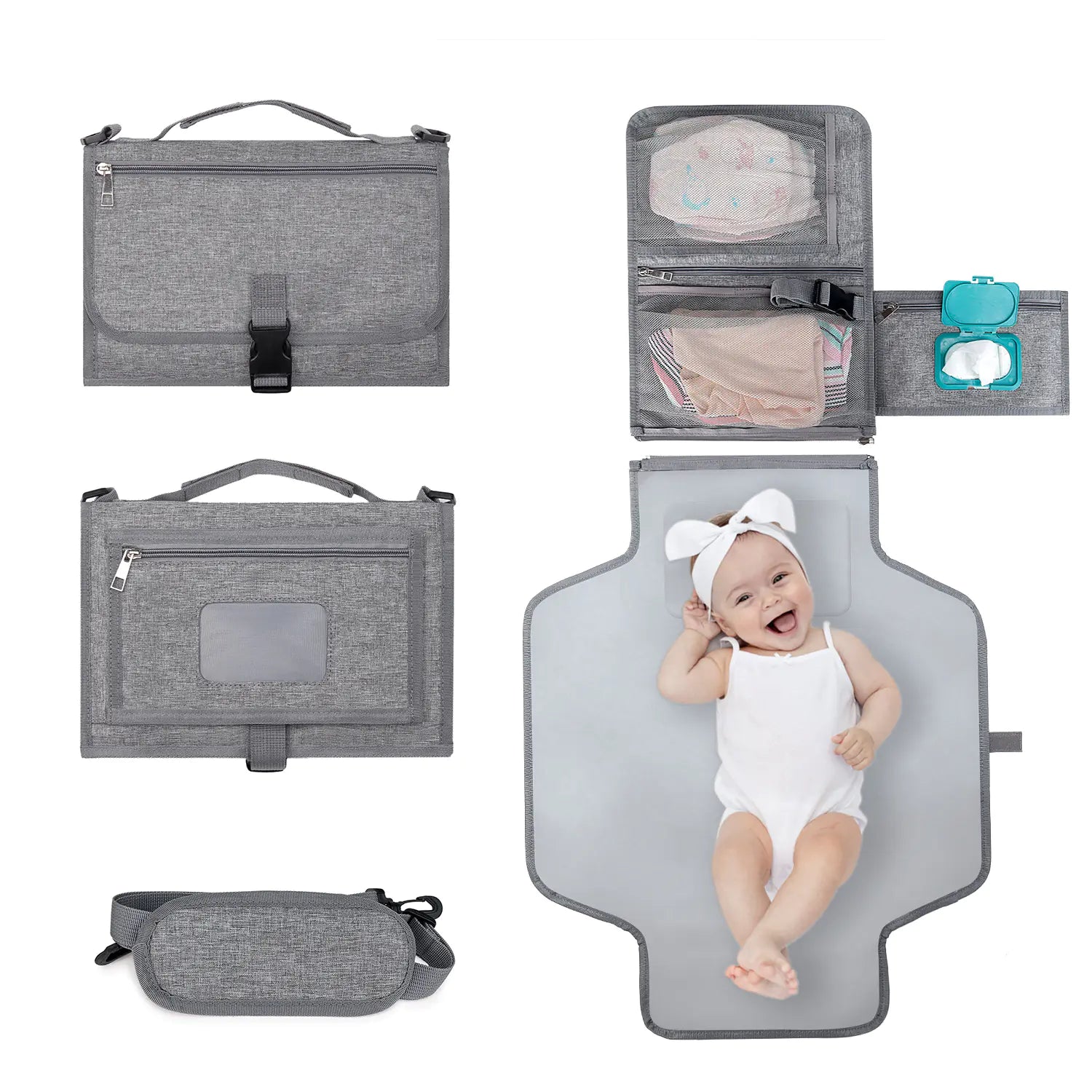 Portable Baby Changing Pad with Shoulder Strap &amp; Pocket