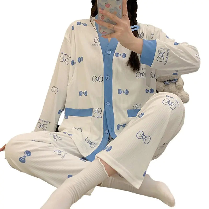 Postpartum Nursing Pajamas - V-Neck Blue Long Sleeve