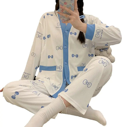 Postpartum Nursing Pajamas - V-Neck Blue Long Sleeve