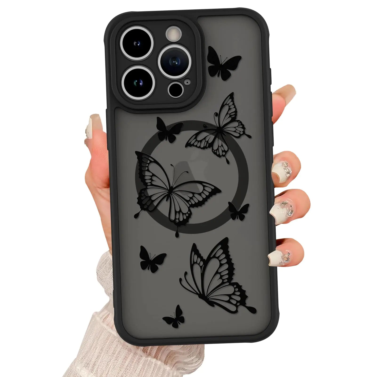 Magnetic for iPhone 15 Pro Max Case [Compatible with MagSafe] Butterfly Print Pattern Design Slim Shockproof Translucent Matte Cover for Women Girls, Black
