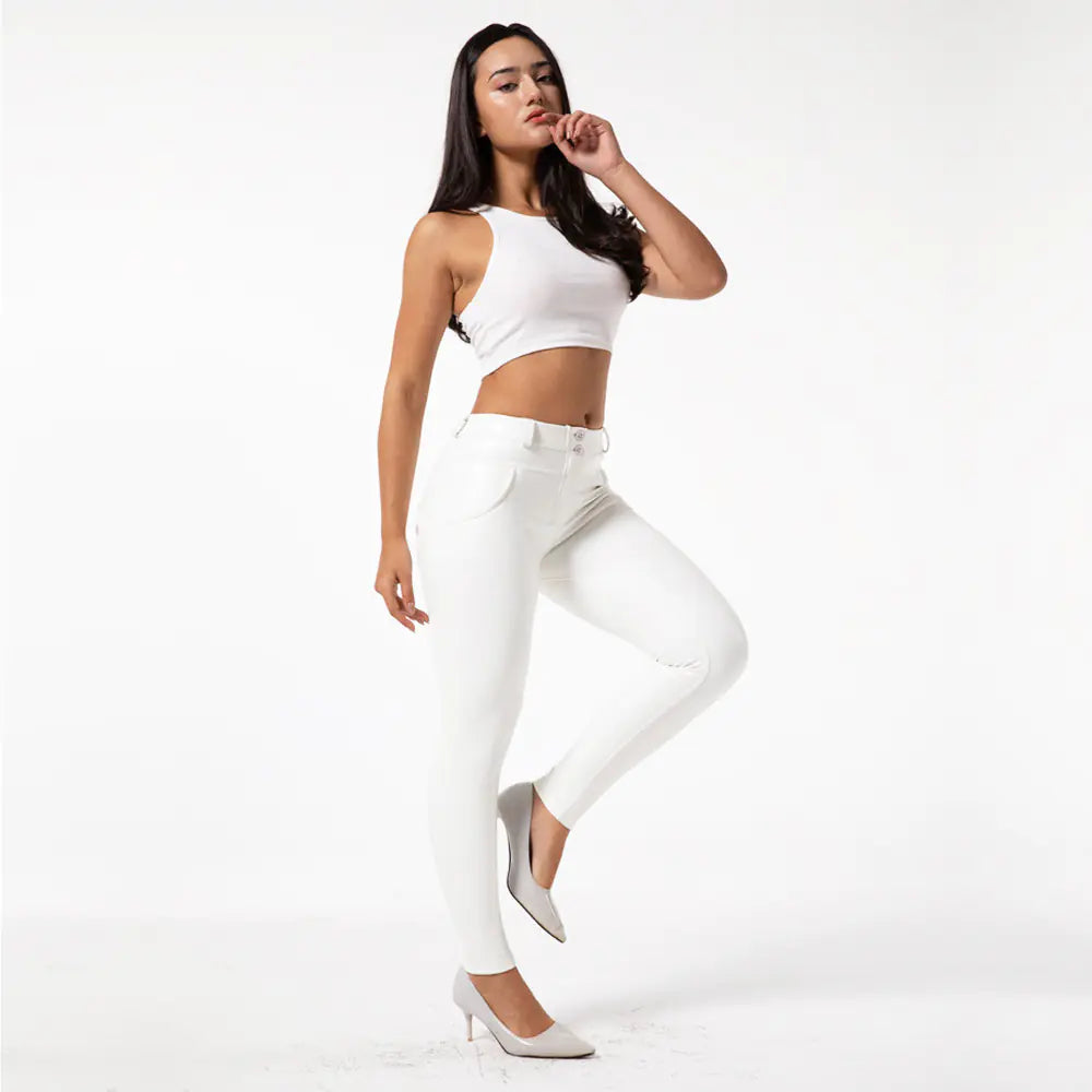 White PU Leather Fitness Pants for Women