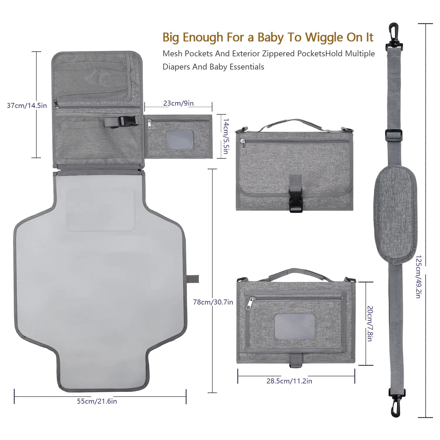 Portable Baby Changing Pad with Shoulder Strap & Pocket