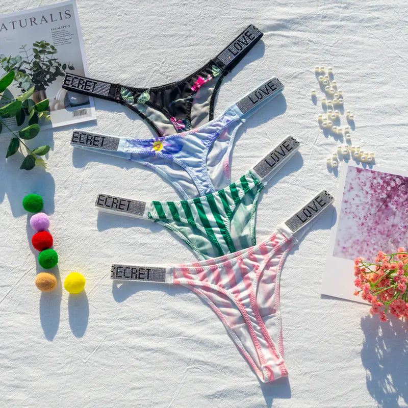 Low Waist Rhinestone Thong Panties for Women Fitness