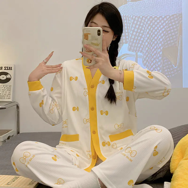 Postpartum Nursing Pajamas - V-Neck Blue Long Sleeve