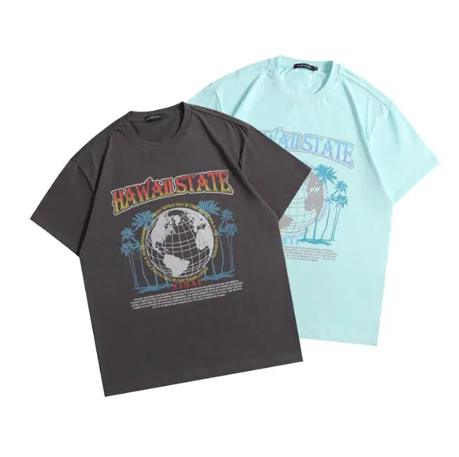 Hawaiian Island Pattern Couple Loose Casual T-Shirt