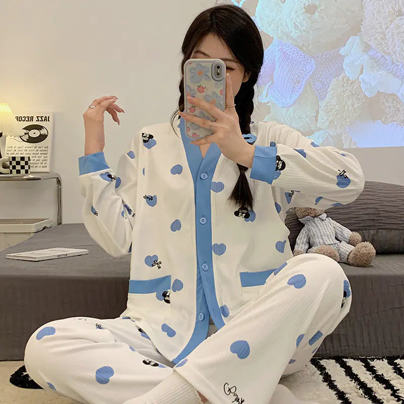 Postpartum Nursing Pajamas - V-Neck Blue Long Sleeve